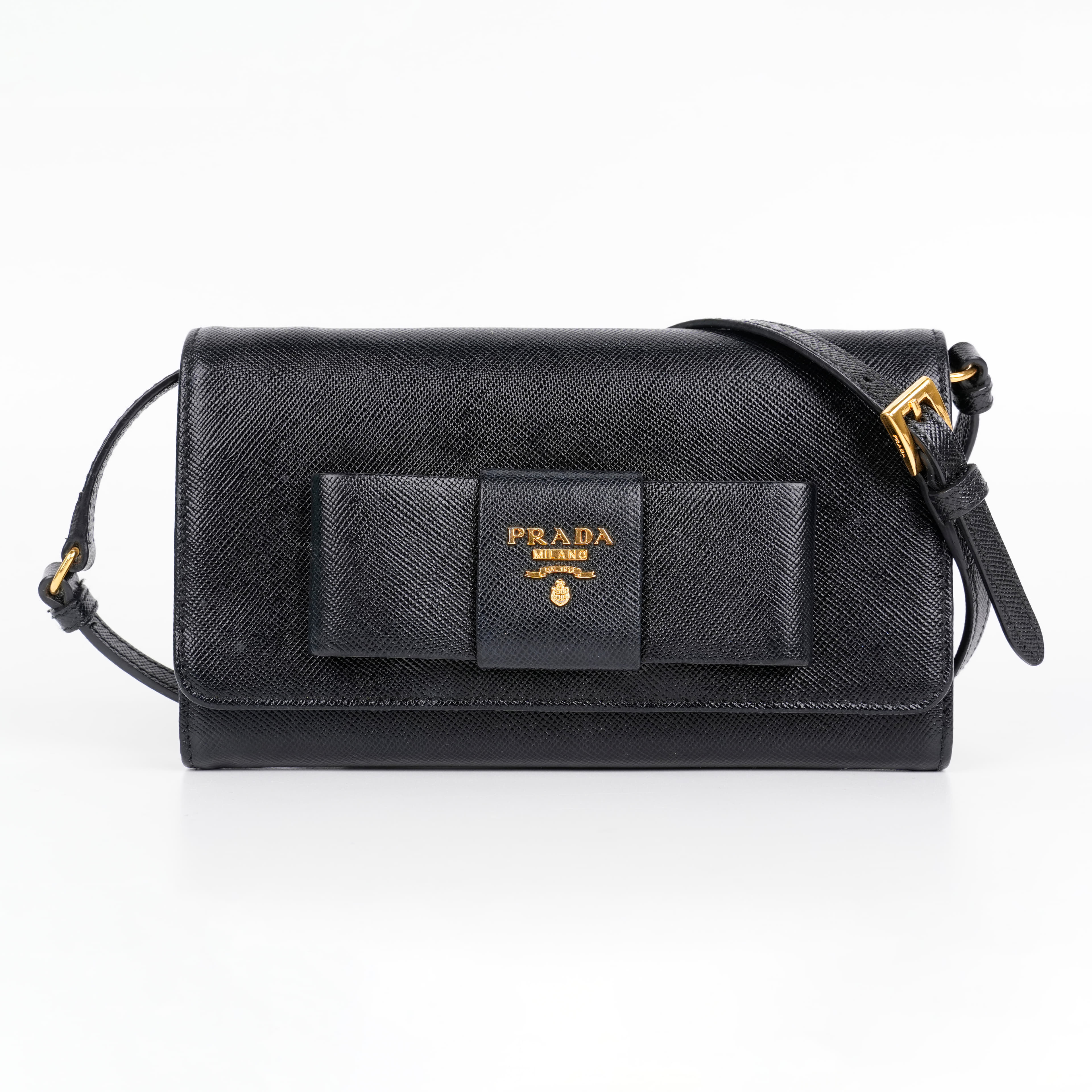 Prada Saffiano Lux Black Leather Bow Crossbody Wallet