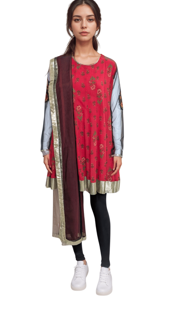 Ritu Kumar Red And Gold Three Piece Suit Set, Size 36-Hover-Image