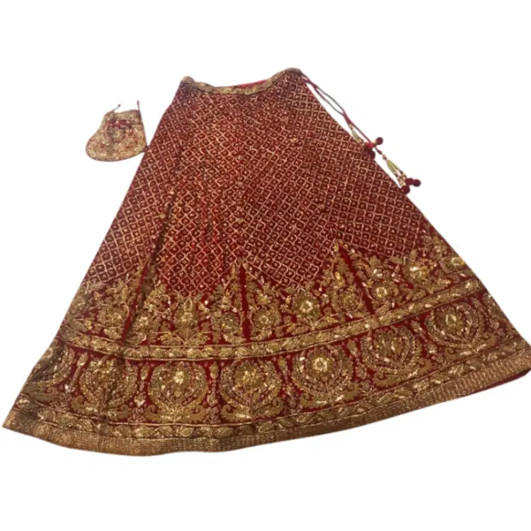 Ritu Kumar Red Velvet Lahenga with Silk Blouse-Hover-Image