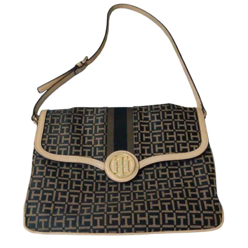 Tommy Hilfiger Canvas Brown Leather Trim Flap Shoulder Bag