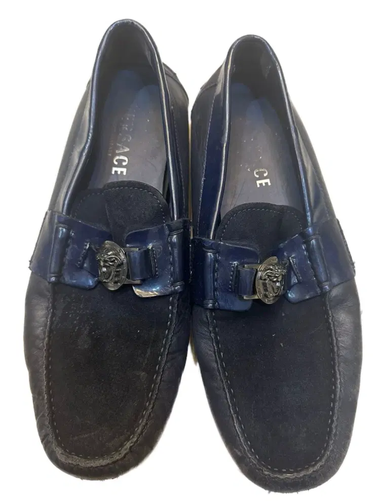 Versace Navy Blue Leather and Suede Medusa Slip On Loafers-Hover-Image