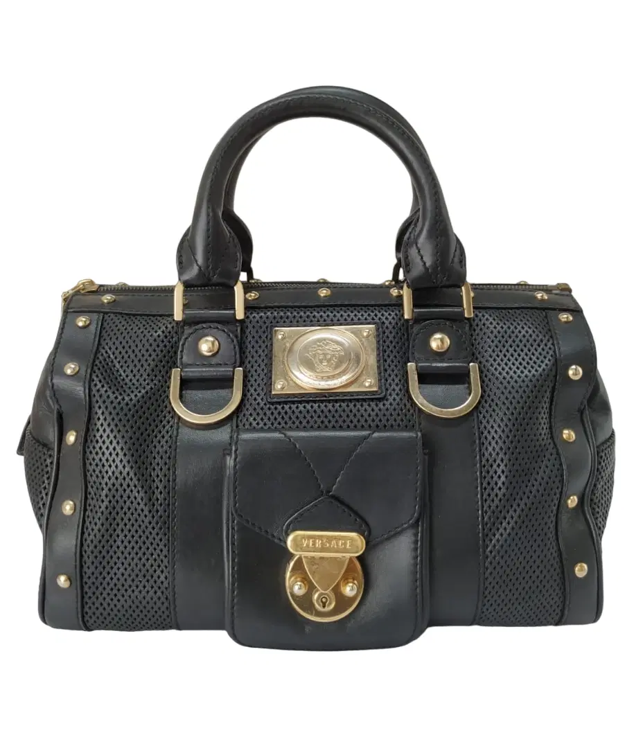 Versace Medusa Perforated Black Leather Boston Bag