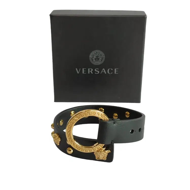 Versace Medusa Studded Black Leather Bracelet-Hover-Image