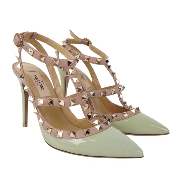 Valentino Green / Beige Patent Leather Rockstud Ankle Strap Sandals-Hover-Image