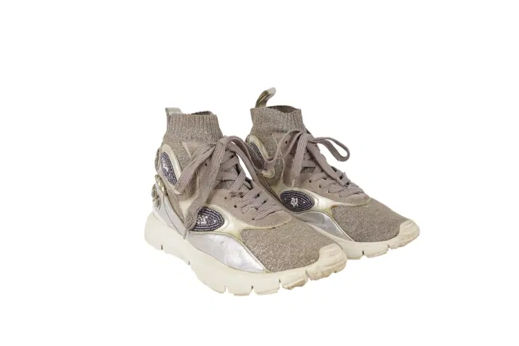 Valentino SilverGrey Metallic Knit Fabric and Leather High Top Sneakers-Hover-Image