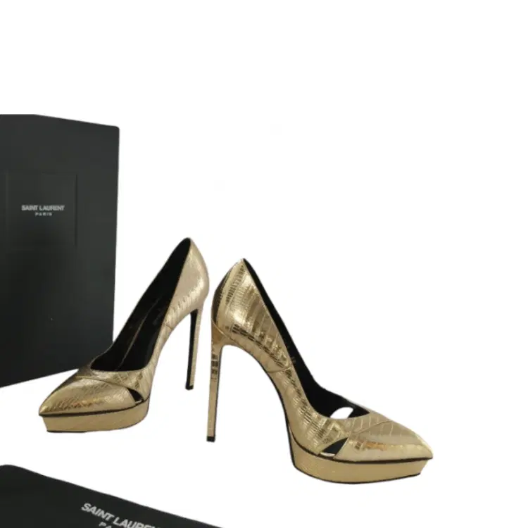 Saint Laurent Paris Gold Embossed Leather Pointed Toe Platform Pumps-Hover-Image