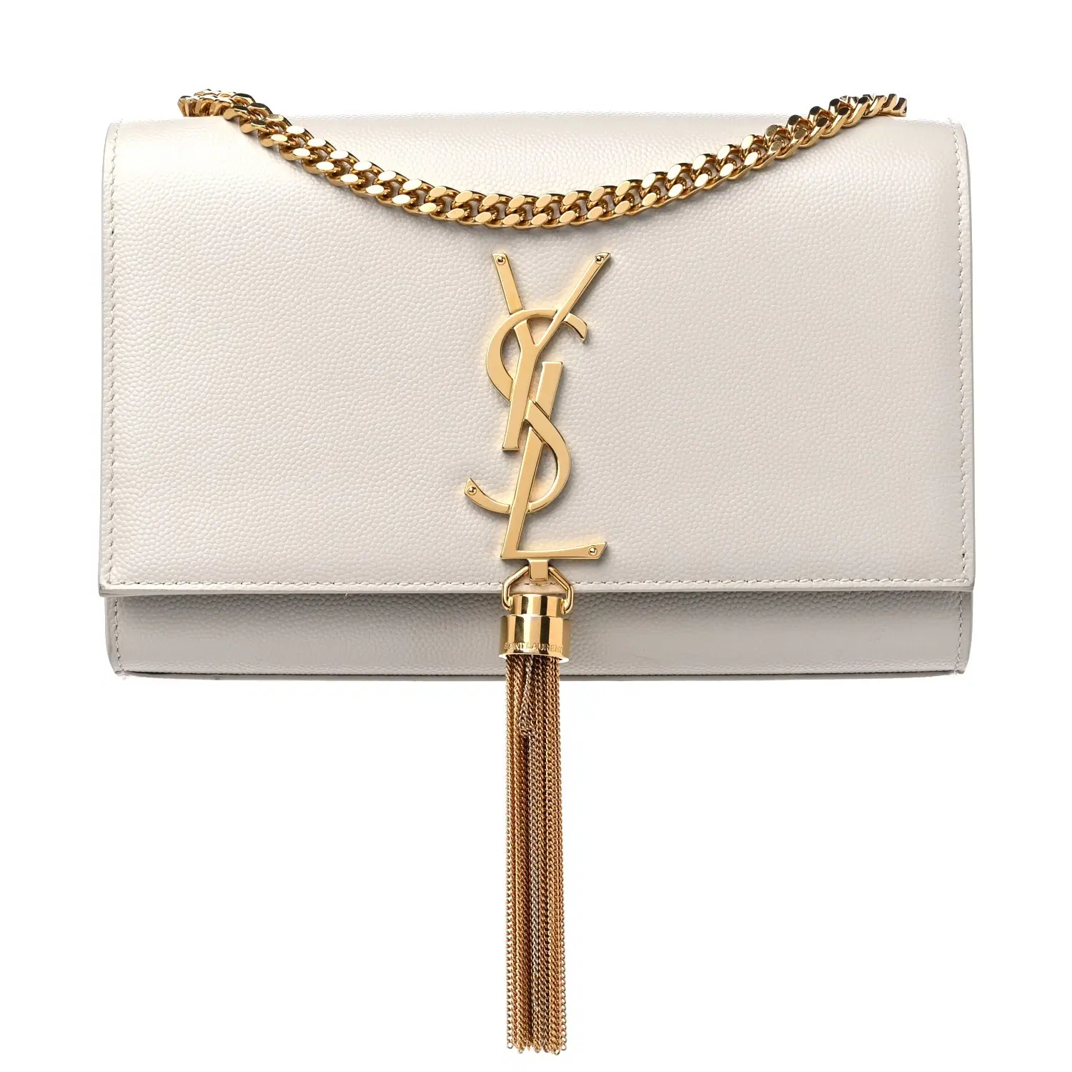 Saint Laurent White Leather Classic Monogram Tassel Flap Bag
