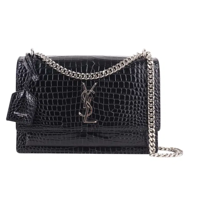 Saint Laurent Black Shiny Croc Embossed Leather Medium Sunset Shoulder Bag-Hover-Image